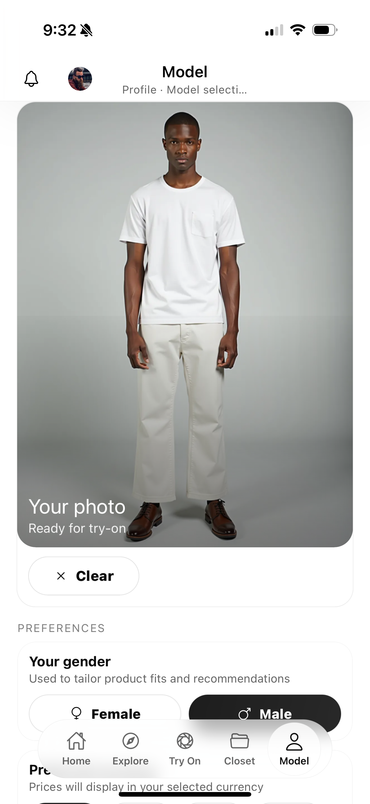 Model selection screen — upload or pick from gallery